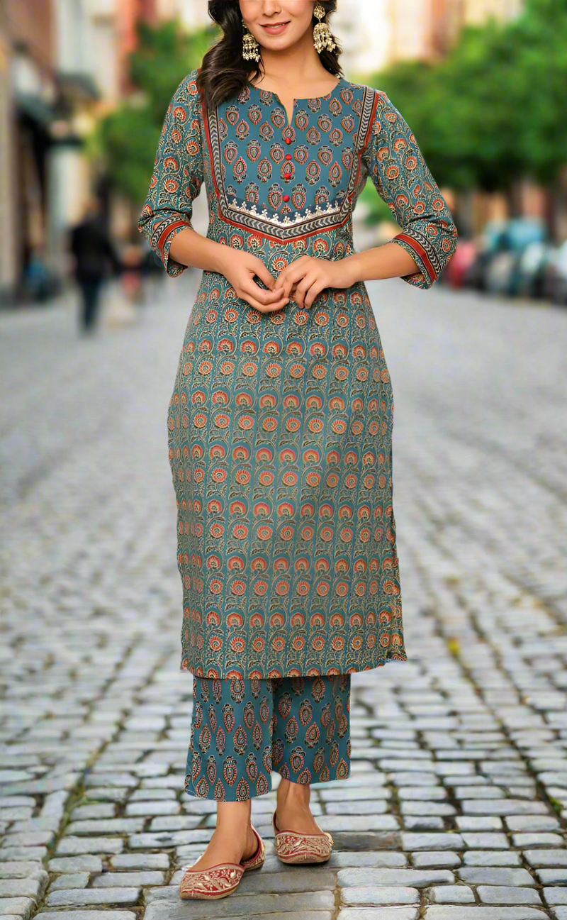 Indigo Blue Garden Jaipur Cotton Kurti With Pant And Dupatta Set. Pure Versatile Cotton. | Laces and Frills