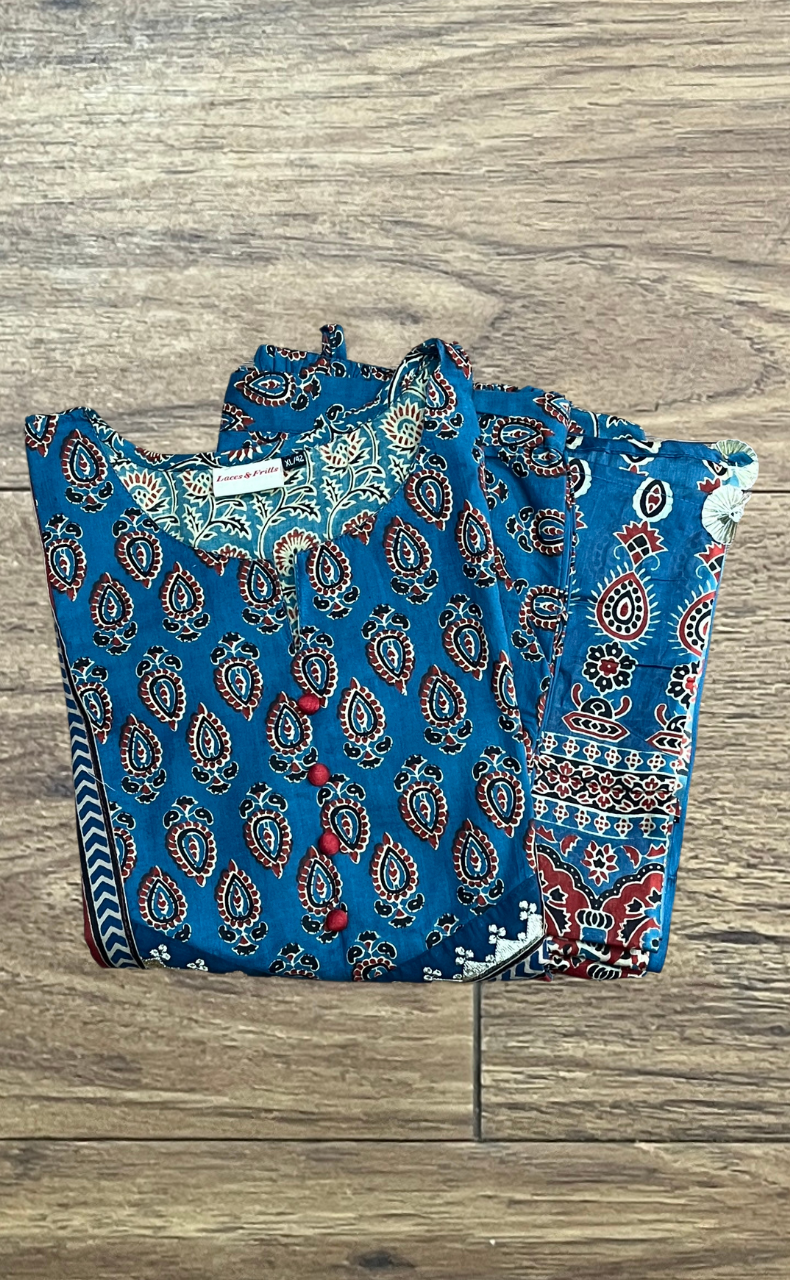 Indigo Blue Garden Jaipur Cotton Kurti With Pant And Dupatta Set. Pure Versatile Cotton. | Laces and Frills - Laces and Frills