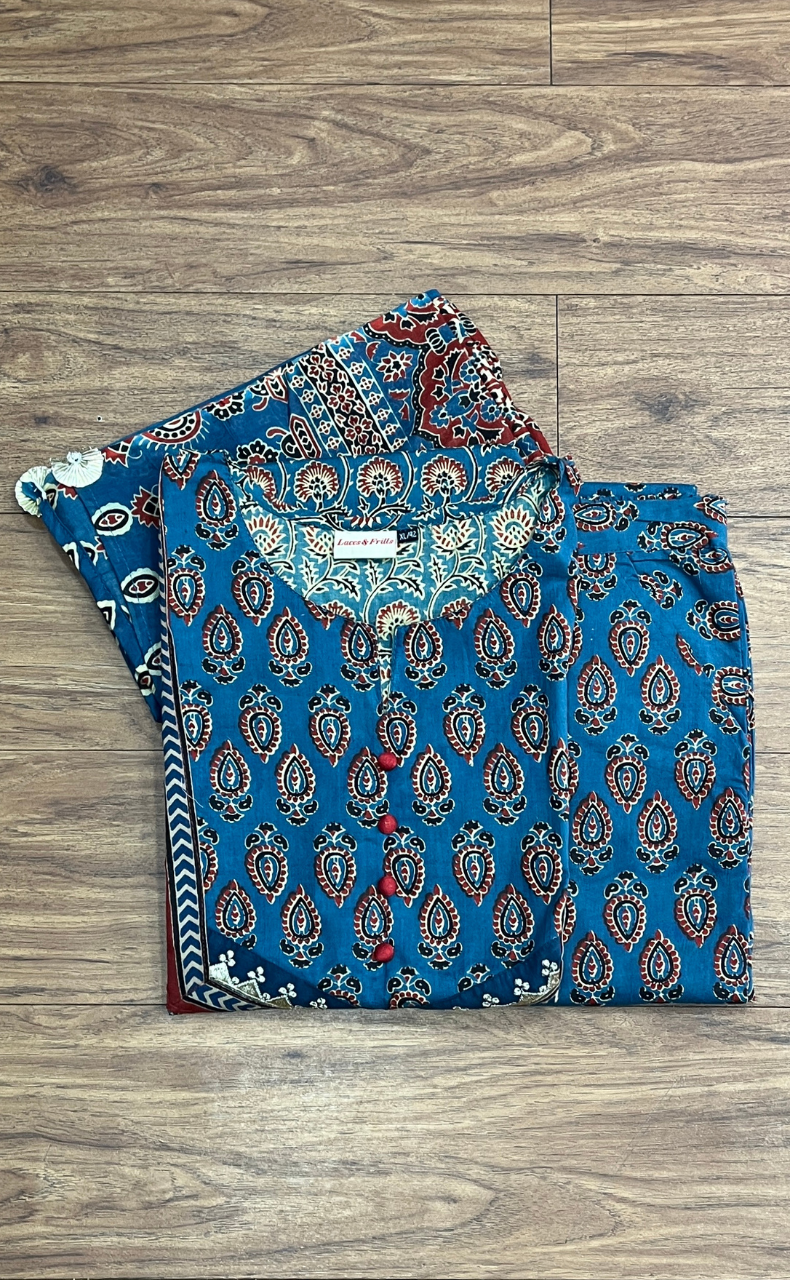 Indigo Blue Garden Jaipur Cotton Kurti With Pant And Dupatta Set. Pure Versatile Cotton. | Laces and Frills - Laces and Frills