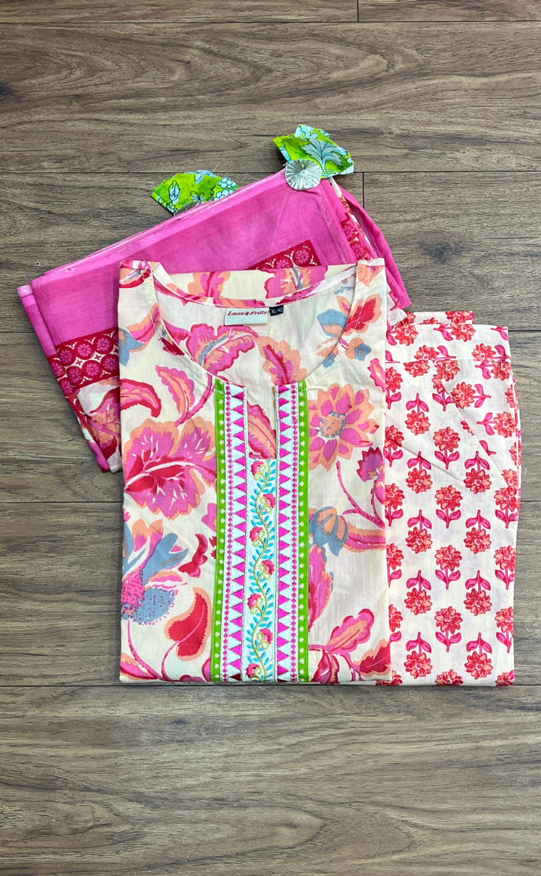 Ivory/Pink Garden Jaipur Cotton Kurti With Pant And Dupatta Set. Pure Versatile Cotton. | Laces and Frills - Laces and Frills