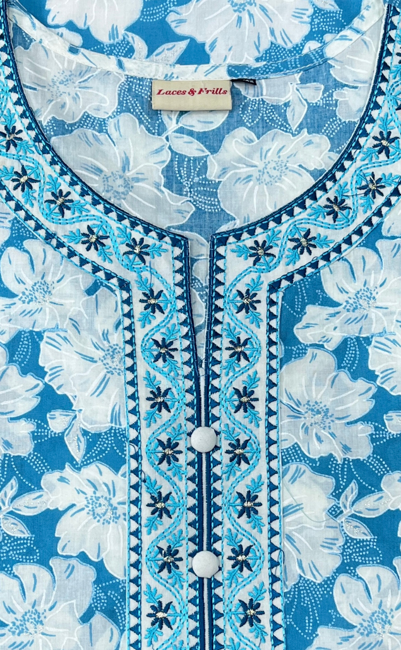 Sky Blue Flora Jaipur Cotton Kurti With Pant And Dupatta Set. Pure Versatile Cotton. | Laces and Frills