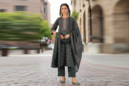 Indigo Blue Garden Jaipur Cotton Kurti With Pant And Dupatta Set. Pure Versatile Cotton. | Laces and Frills