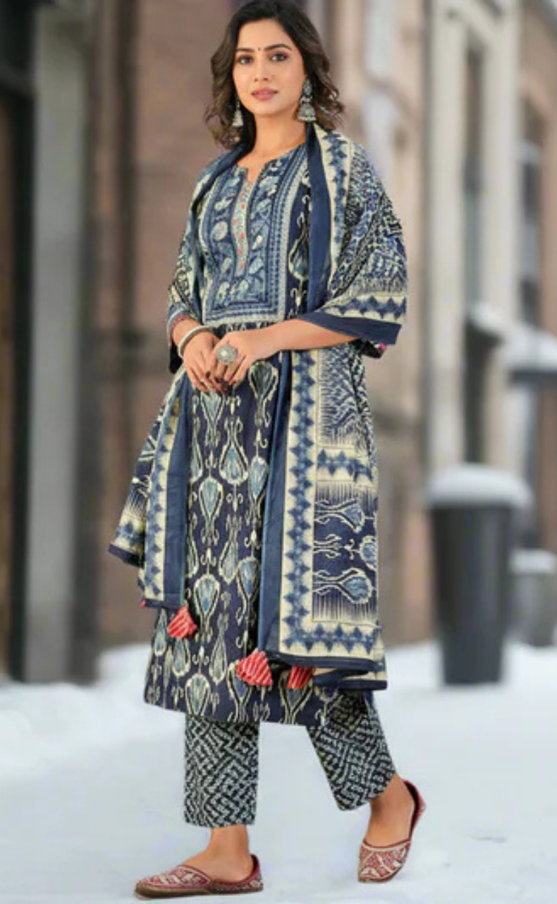 Navy Blue Ikat Print Jaipur Cotton Kurti With Pant And Dupatta Set. Pure Versatile Cotton. | Laces and Frills - Laces and Frills