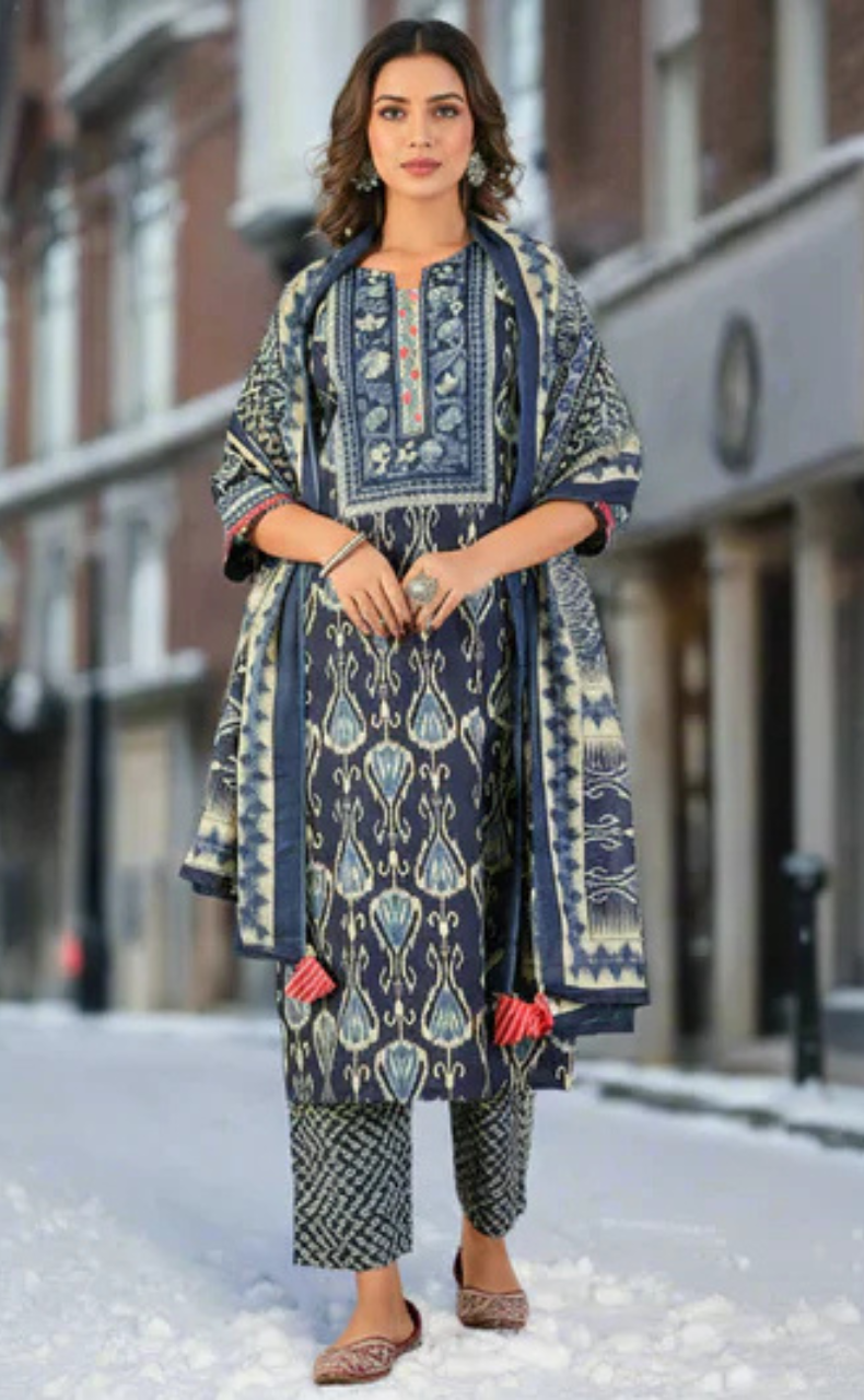 Navy Blue Ikat Print Jaipur Cotton Kurti With Pant And Dupatta Set. Pure Versatile Cotton. | Laces and Frills - Laces and Frills
