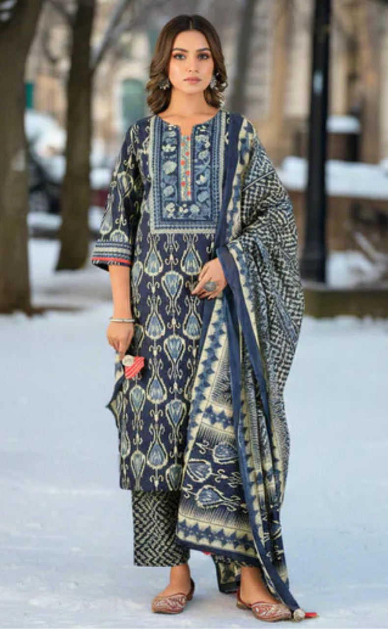Navy Blue Ikat Print Jaipur Cotton Kurti With Pant And Dupatta Set. Pure Versatile Cotton. | Laces and Frills - Laces and Frills