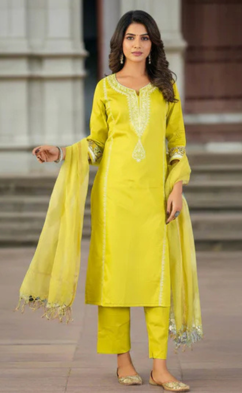 Lime Green Embroidery Jaipur Cotton Kurti With Pant And Dupatta Set. Pure Versatile Cotton. | Laces and Frills - Laces and Frills