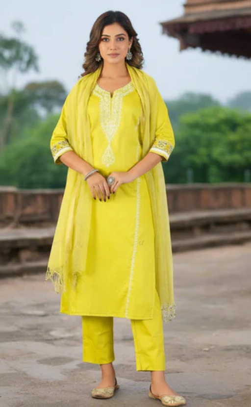 Lime Green Embroidery Jaipur Cotton Kurti With Pant And Dupatta Set. Pure Versatile Cotton. | Laces and Frills - Laces and Frills