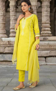 Lime Green Embroidery Jaipur Cotton Kurti With Pant And Dupatta Set. Pure Versatile Cotton. | Laces and Frills - Laces and Frills