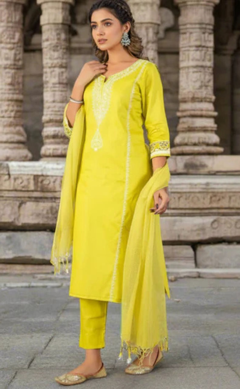 Lime Green Embroidery Jaipur Cotton Kurti With Pant And Dupatta Set. Pure Versatile Cotton. | Laces and Frills - Laces and Frills