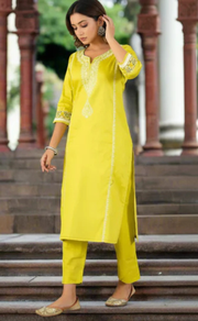 Lime Green Embroidery Jaipur Cotton Kurti With Pant And Dupatta Set. Pure Versatile Cotton. | Laces and Frills - Laces and Frills
