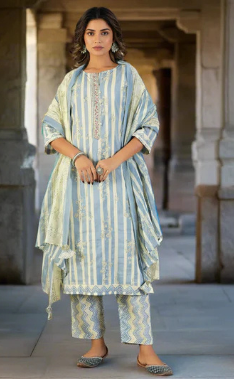 Light Blue Floral Jaipur Cotton Kurti With Pant And Dupatta Set. Pure Versatile Cotton. | Laces and Frills - Laces and Frills