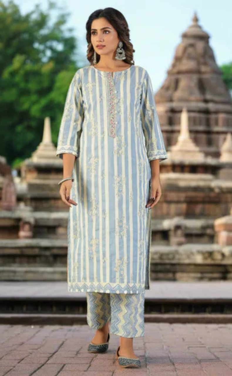 Light Blue Floral Jaipur Cotton Kurti With Pant And Dupatta Set. Pure Versatile Cotton. | Laces and Frills - Laces and Frills