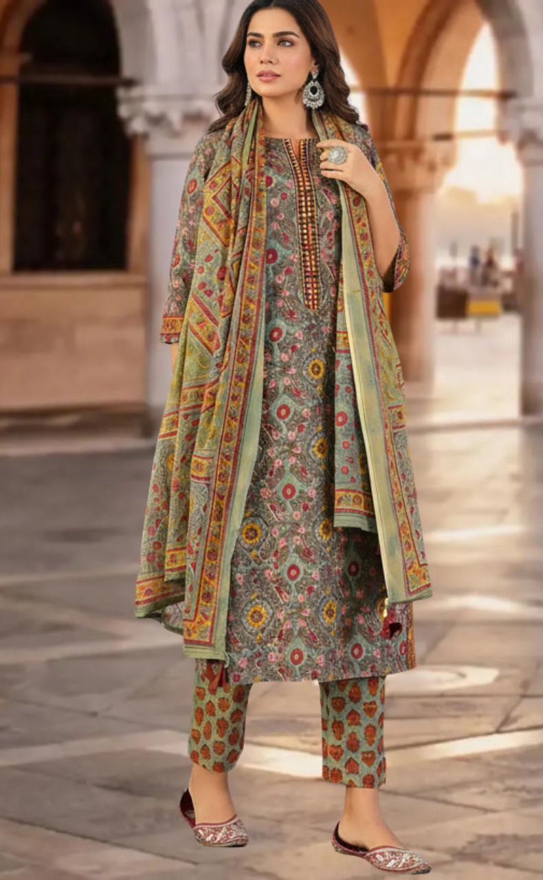 Dark Green Garden Jaipur Cotton Kurti With Pant And Dupatta Set. Pure Versatile Cotton. | Laces and Frills - Laces and Frills