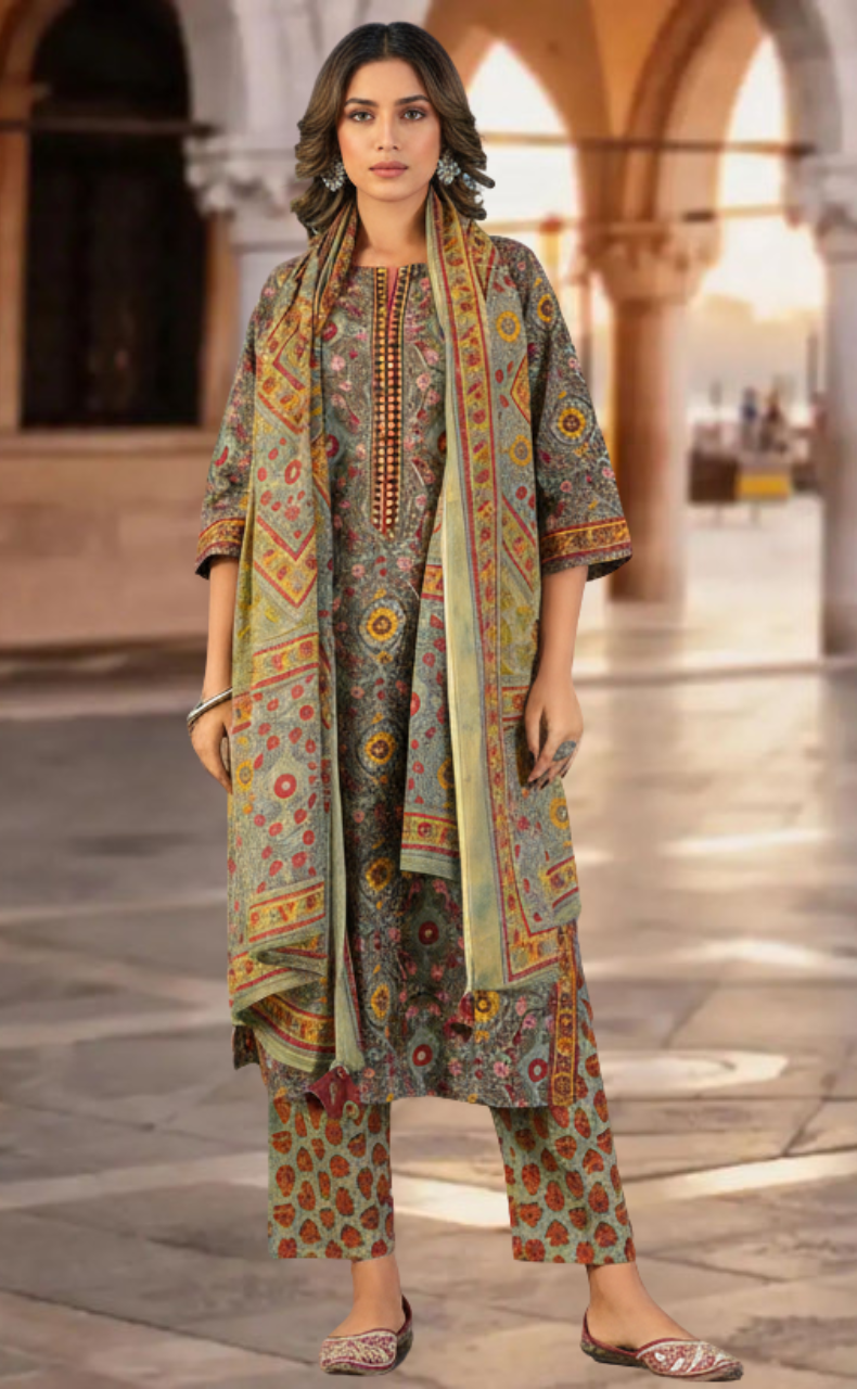 Dark Green Garden Jaipur Cotton Kurti With Pant And Dupatta Set. Pure Versatile Cotton. | Laces and Frills - Laces and Frills