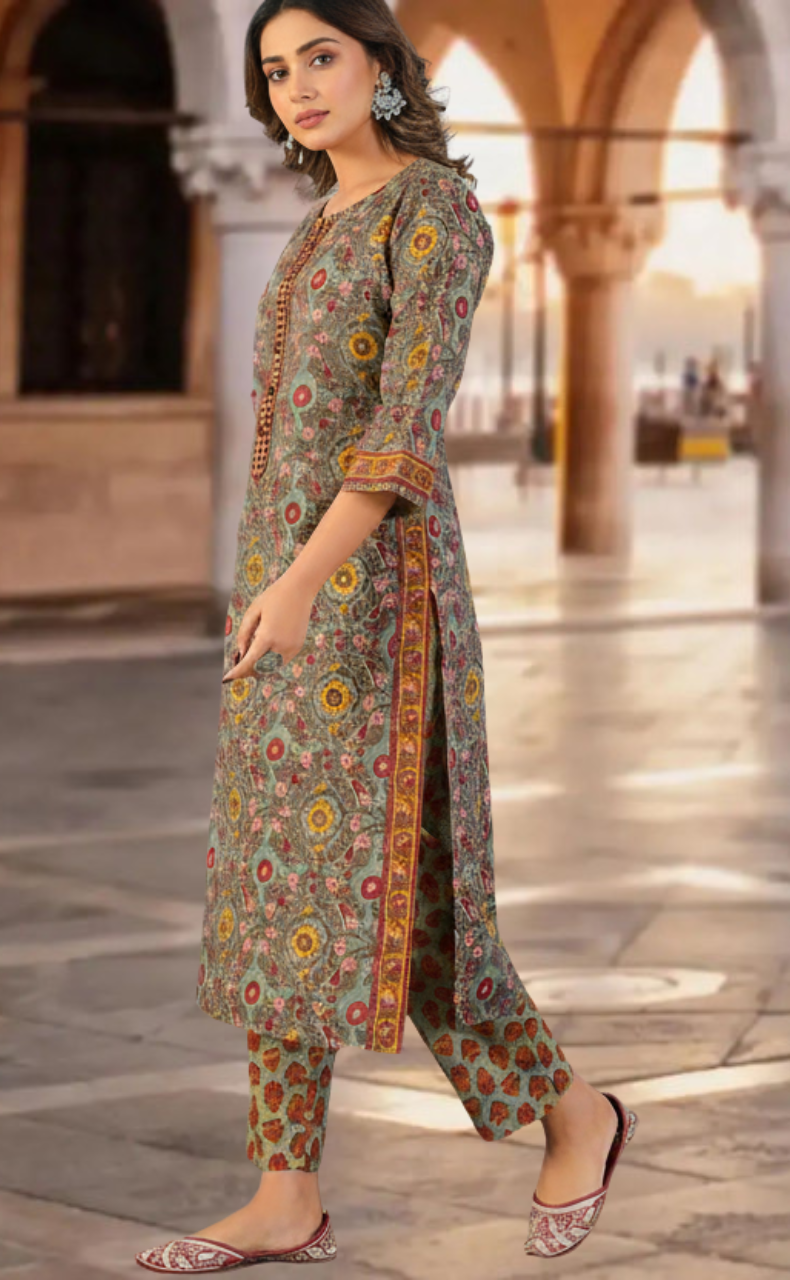Dark Green Garden Jaipur Cotton Kurti With Pant And Dupatta Set. Pure Versatile Cotton. | Laces and Frills - Laces and Frills