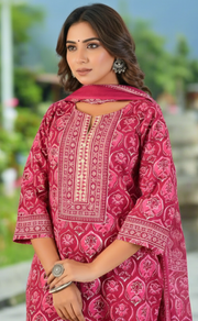 Hot Pink Floral Jaipur Cotton Kurti With Pant And Dupatta Set. Pure Versatile Cotton. | Laces and Frills - Laces and Frills