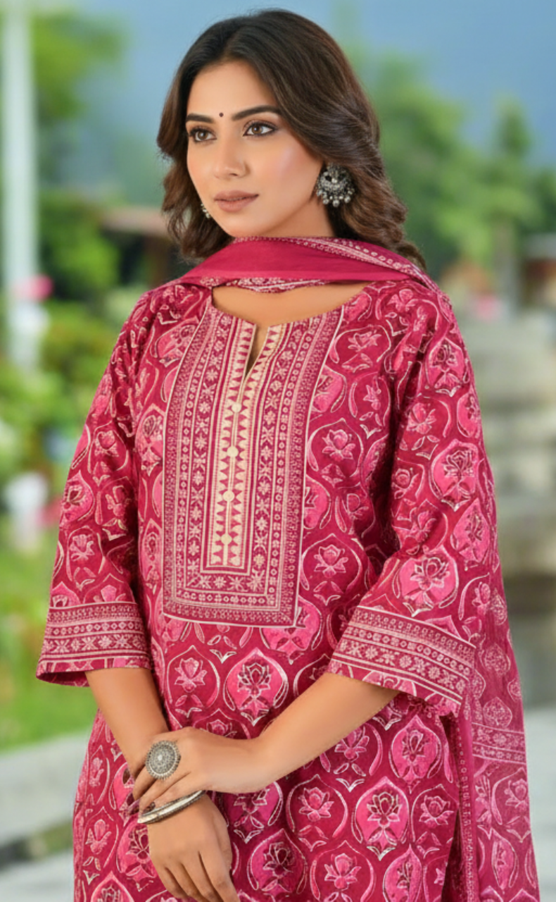 Hot Pink Floral Jaipur Cotton Kurti With Pant And Dupatta Set. Pure Versatile Cotton. | Laces and Frills - Laces and Frills