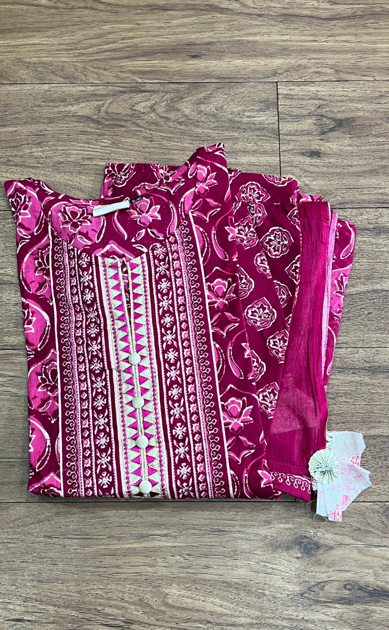 Hot Pink Floral Jaipur Cotton Kurti With Pant And Dupatta Set. Pure Versatile Cotton. | Laces and Frills