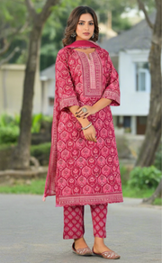 Hot Pink Floral Jaipur Cotton Kurti With Pant And Dupatta Set. Pure Versatile Cotton. | Laces and Frills - Laces and Frills