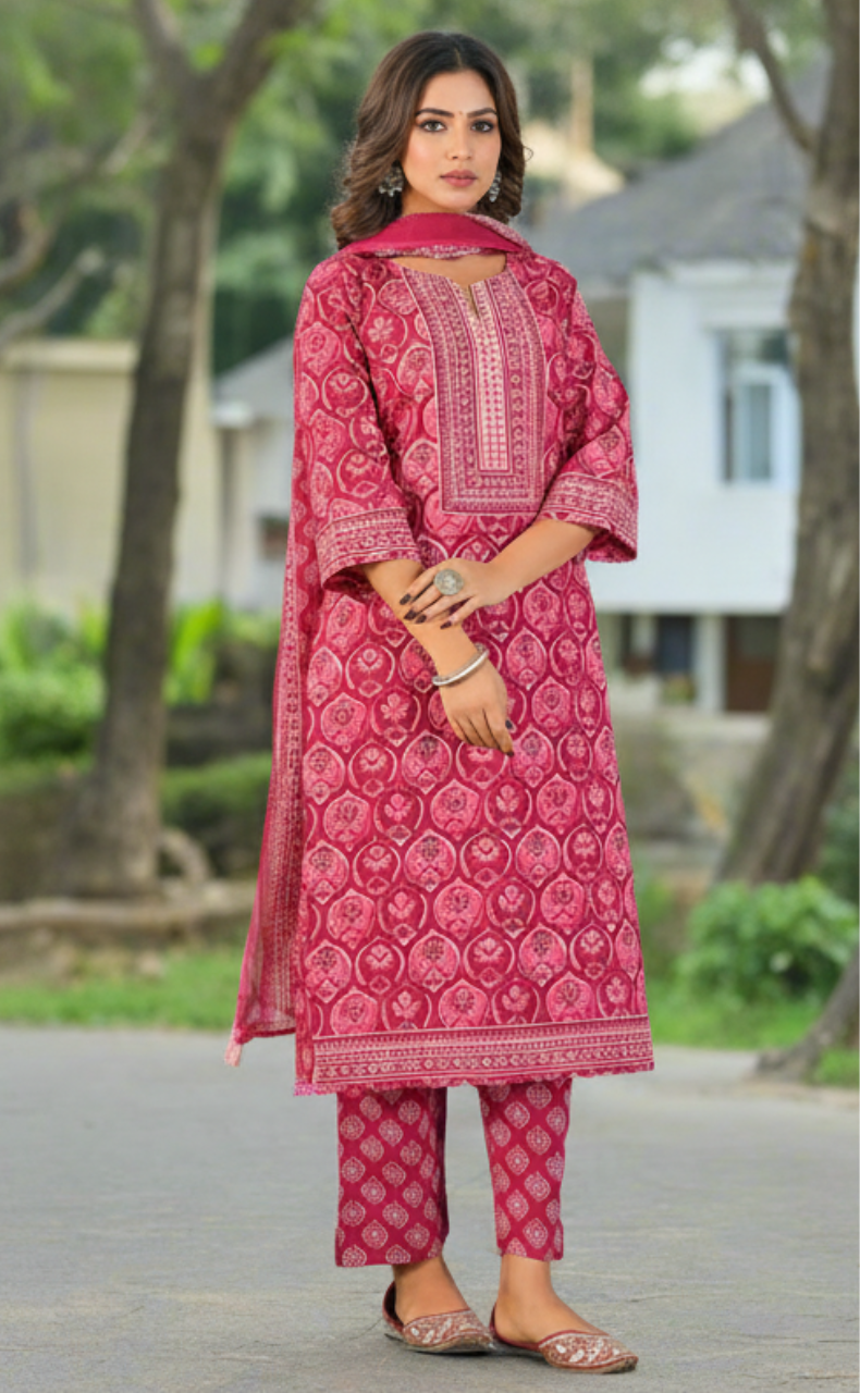Hot Pink Floral Jaipur Cotton Kurti With Pant And Dupatta Set. Pure Versatile Cotton. | Laces and Frills - Laces and Frills