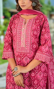Hot Pink Floral Jaipur Cotton Kurti With Pant And Dupatta Set. Pure Versatile Cotton. | Laces and Frills