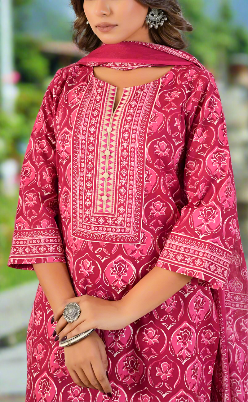 Hot Pink Floral Jaipur Cotton Kurti With Pant And Dupatta Set. Pure Versatile Cotton. | Laces and Frills
