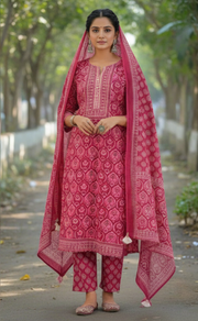 Hot Pink Floral Jaipur Cotton Kurti With Pant And Dupatta Set. Pure Versatile Cotton. | Laces and Frills - Laces and Frills
