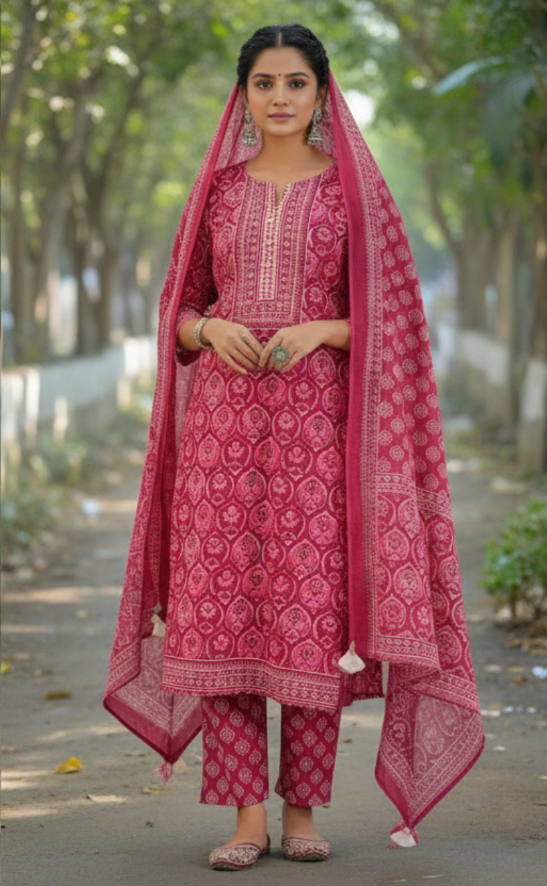 Hot Pink Floral Jaipur Cotton Kurti With Pant And Dupatta Set. Pure Versatile Cotton. | Laces and Frills - Laces and Frills