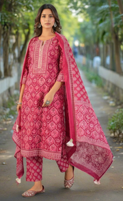 Hot Pink Floral Jaipur Cotton Kurti With Pant And Dupatta Set. Pure Versatile Cotton. | Laces and Frills - Laces and Frills