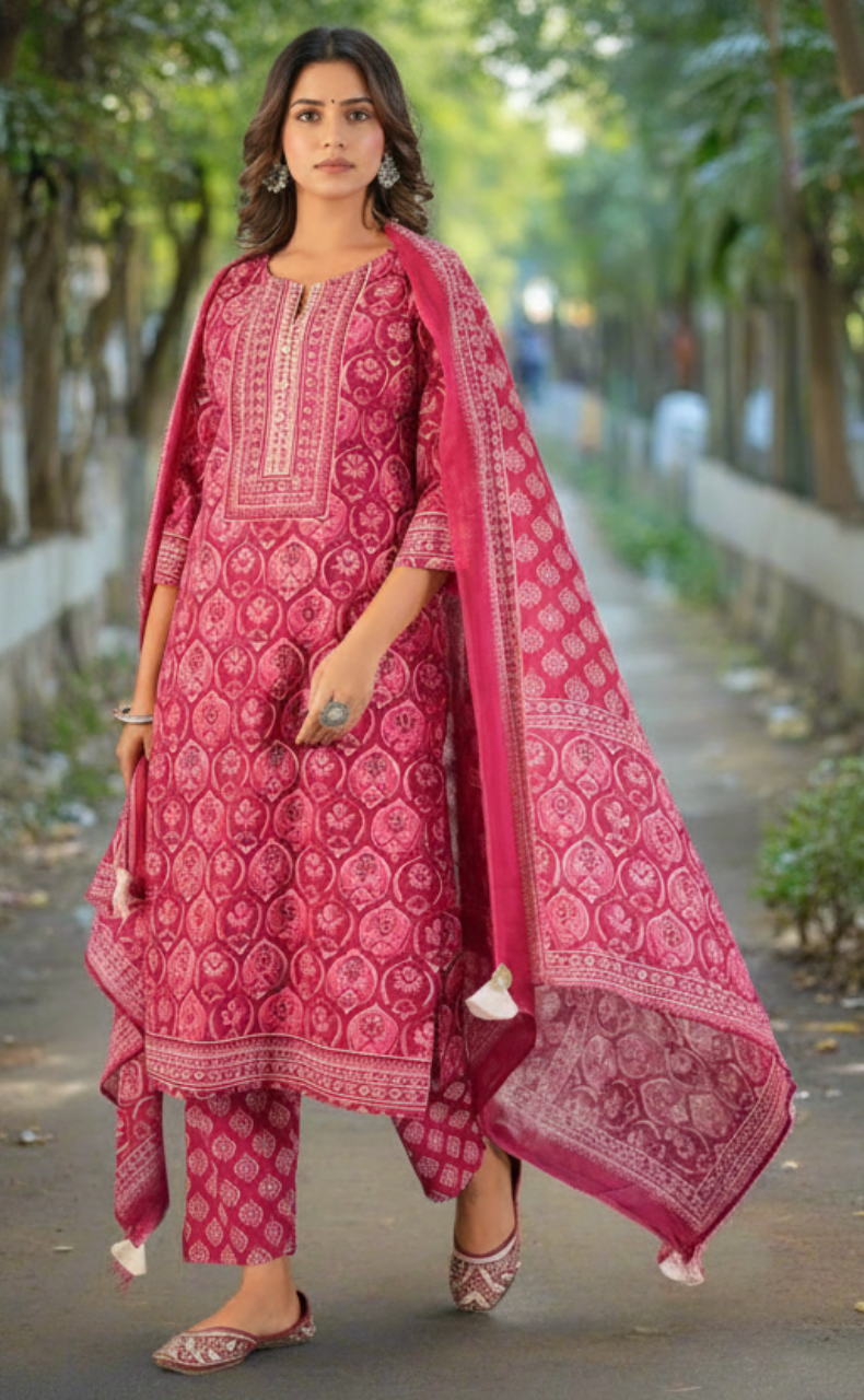 Hot Pink Floral Jaipur Cotton Kurti With Pant And Dupatta Set. Pure Versatile Cotton. | Laces and Frills - Laces and Frills