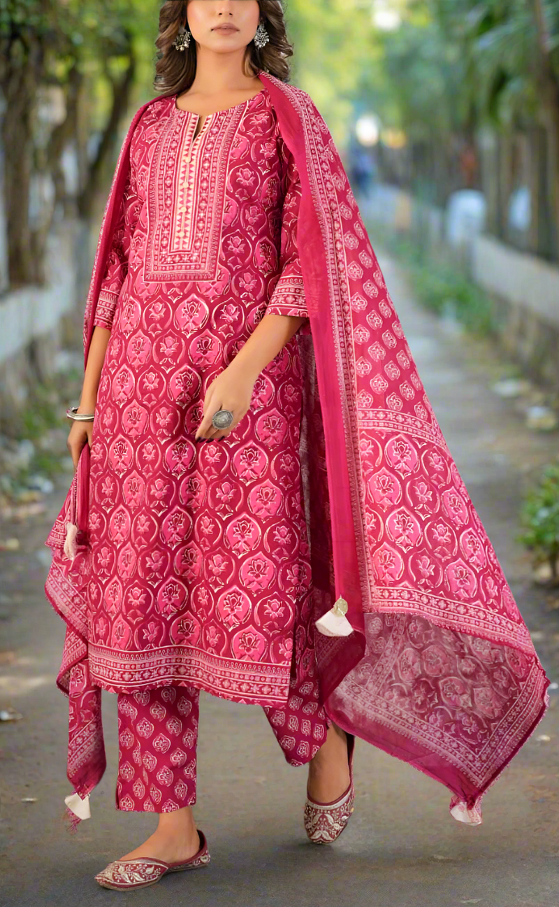 Hot Pink Floral Jaipur Cotton Kurti With Pant And Dupatta Set. Pure Versatile Cotton. | Laces and Frills