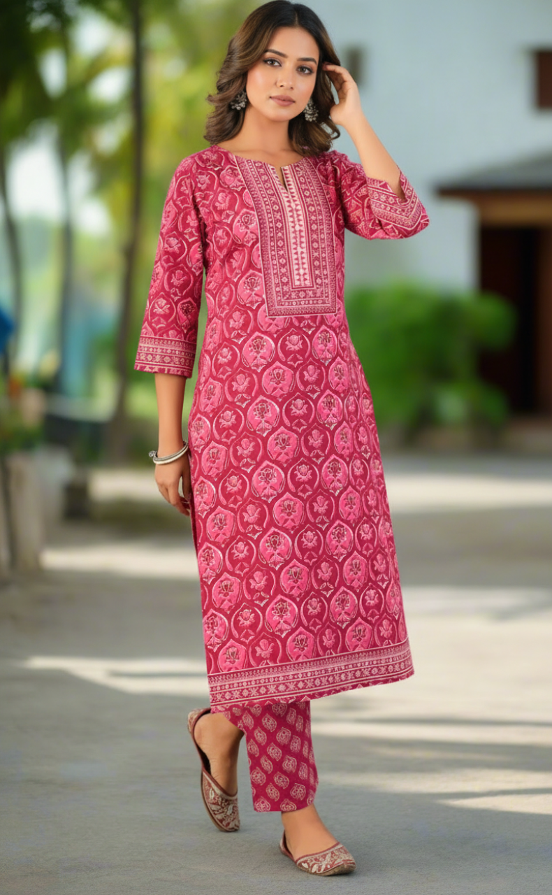 Hot Pink Floral Jaipur Cotton Kurti With Pant And Dupatta Set. Pure Versatile Cotton. | Laces and Frills - Laces and Frills