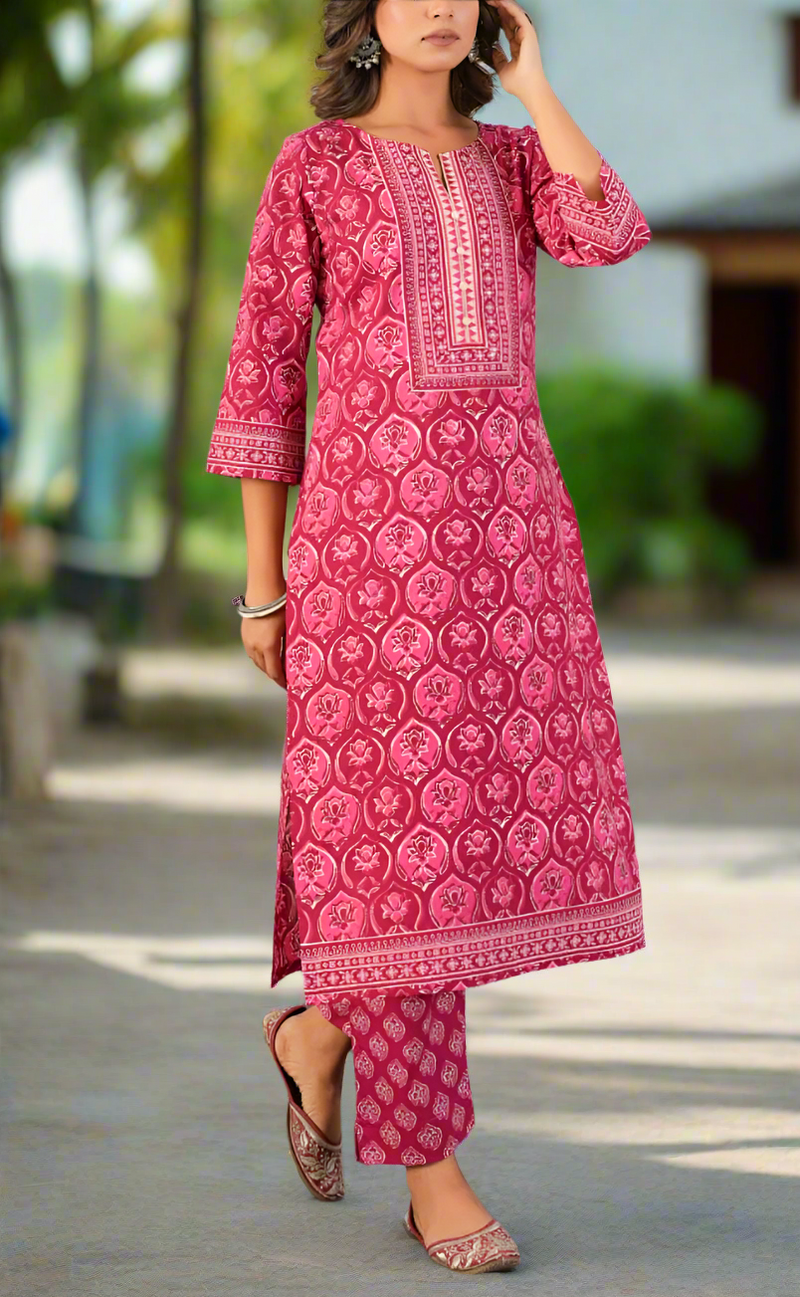 Hot Pink Floral Jaipur Cotton Kurti With Pant And Dupatta Set. Pure Versatile Cotton. | Laces and Frills