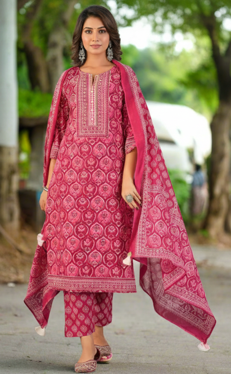 Hot Pink Floral Jaipur Cotton Kurti With Pant And Dupatta Set. Pure Versatile Cotton. | Laces and Frills - Laces and Frills