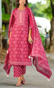 Hot Pink Floral Jaipur Cotton Kurti With Pant And Dupatta Set. Pure Versatile Cotton. | Laces and Frills