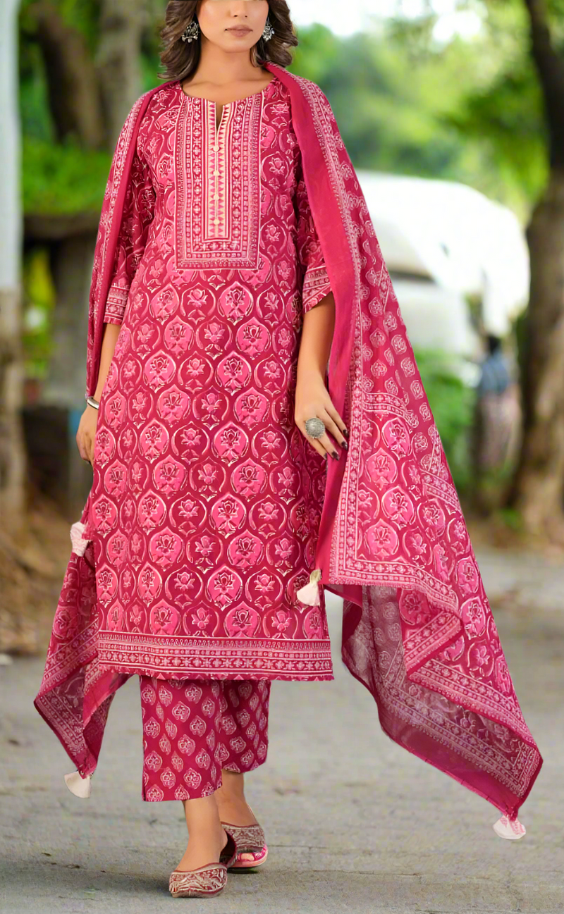 Hot Pink Floral Jaipur Cotton Kurti With Pant And Dupatta Set. Pure Versatile Cotton. | Laces and Frills