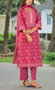 Hot Pink Floral Jaipur Cotton Kurti With Pant And Dupatta Set. Pure Versatile Cotton. | Laces and Frills