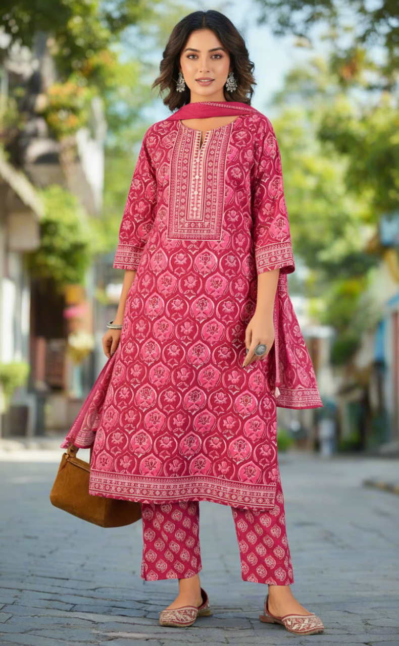 Hot Pink Floral Jaipur Cotton Kurti With Pant And Dupatta Set. Pure Versatile Cotton. | Laces and Frills - Laces and Frills