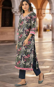 Navy Blue Garden Jaipur Cotton Kurti With Pant And Dupatta Set. Pure Versatile Cotton. | Laces and Frills - Laces and Frills