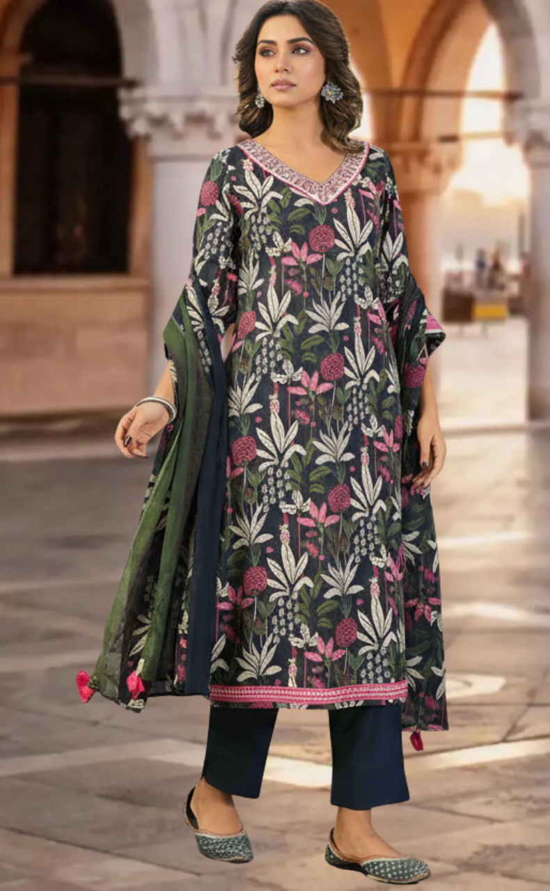 Navy Blue Garden Jaipur Cotton Kurti With Pant And Dupatta Set. Pure Versatile Cotton. | Laces and Frills - Laces and Frills