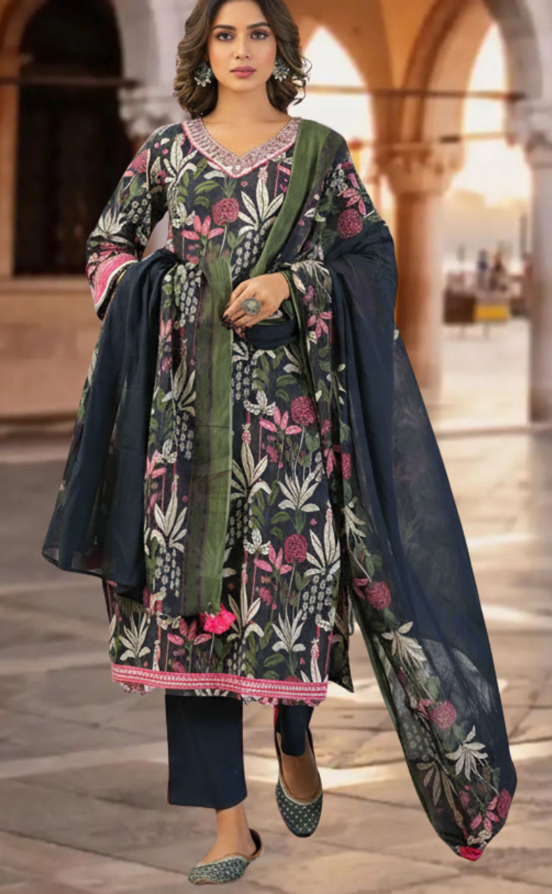 Navy Blue Garden Jaipur Cotton Kurti With Pant And Dupatta Set. Pure Versatile Cotton. | Laces and Frills - Laces and Frills