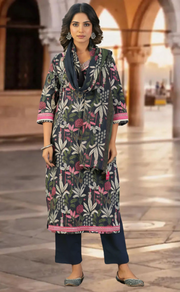 Navy Blue Garden Jaipur Cotton Kurti With Pant And Dupatta Set. Pure Versatile Cotton. | Laces and Frills - Laces and Frills