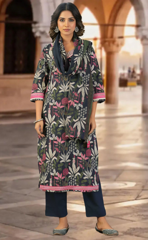 Navy Blue Garden Jaipur Cotton Kurti With Pant And Dupatta Set. Pure Versatile Cotton. | Laces and Frills - Laces and Frills