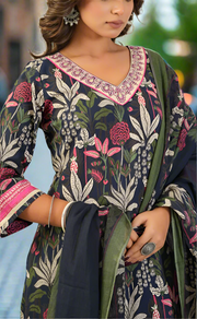 Navy Blue Garden Jaipur Cotton Kurti With Pant And Dupatta Set. Pure Versatile Cotton. | Laces and Frills