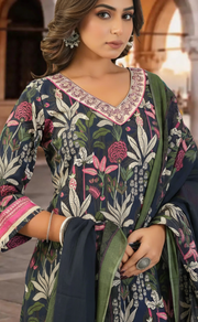 Navy Blue Garden Jaipur Cotton Kurti With Pant And Dupatta Set. Pure Versatile Cotton. | Laces and Frills - Laces and Frills