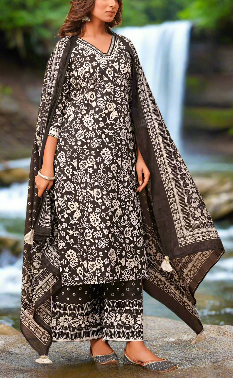 Black/White Floral Jaipur Cotton Kurti With Palazzo Pant And Dupatta Set. Pure Versatile Cotton. | Laces and Frills