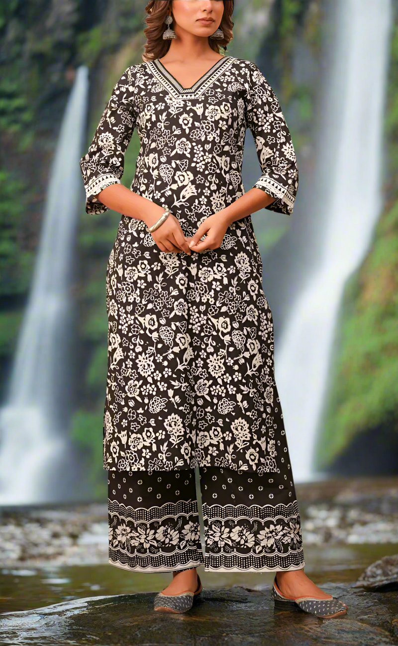 Black/White Floral Jaipur Cotton Kurti With Palazzo Pant And Dupatta Set. Pure Versatile Cotton. | Laces and Frills