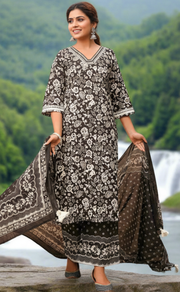 Black/White Floral Jaipur Cotton Kurti With Palazzo Pant And Dupatta Set. Pure Versatile Cotton. | Laces and Frills - Laces and Frills