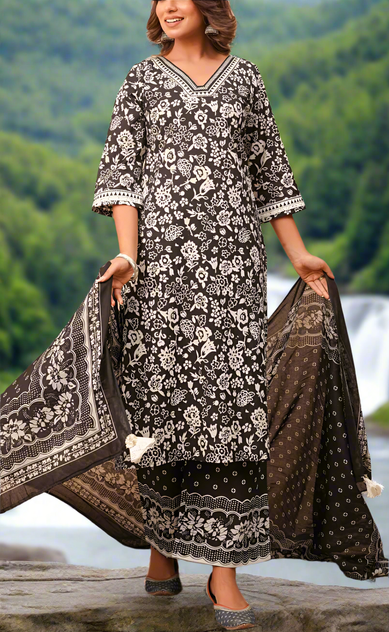 Black/White Floral Jaipur Cotton Kurti With Palazzo Pant And Dupatta Set. Pure Versatile Cotton. | Laces and Frills