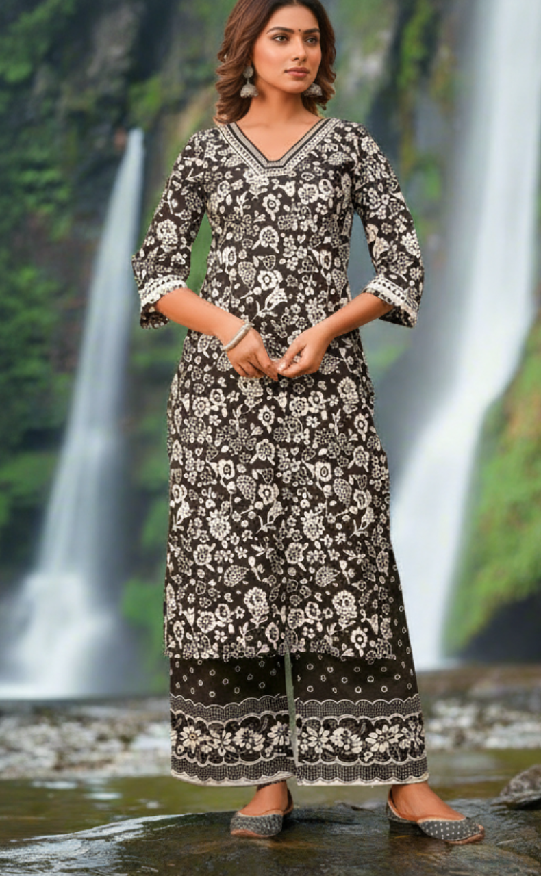 Black/White Floral Jaipur Cotton Kurti With Palazzo Pant And Dupatta Set. Pure Versatile Cotton. | Laces and Frills - Laces and Frills